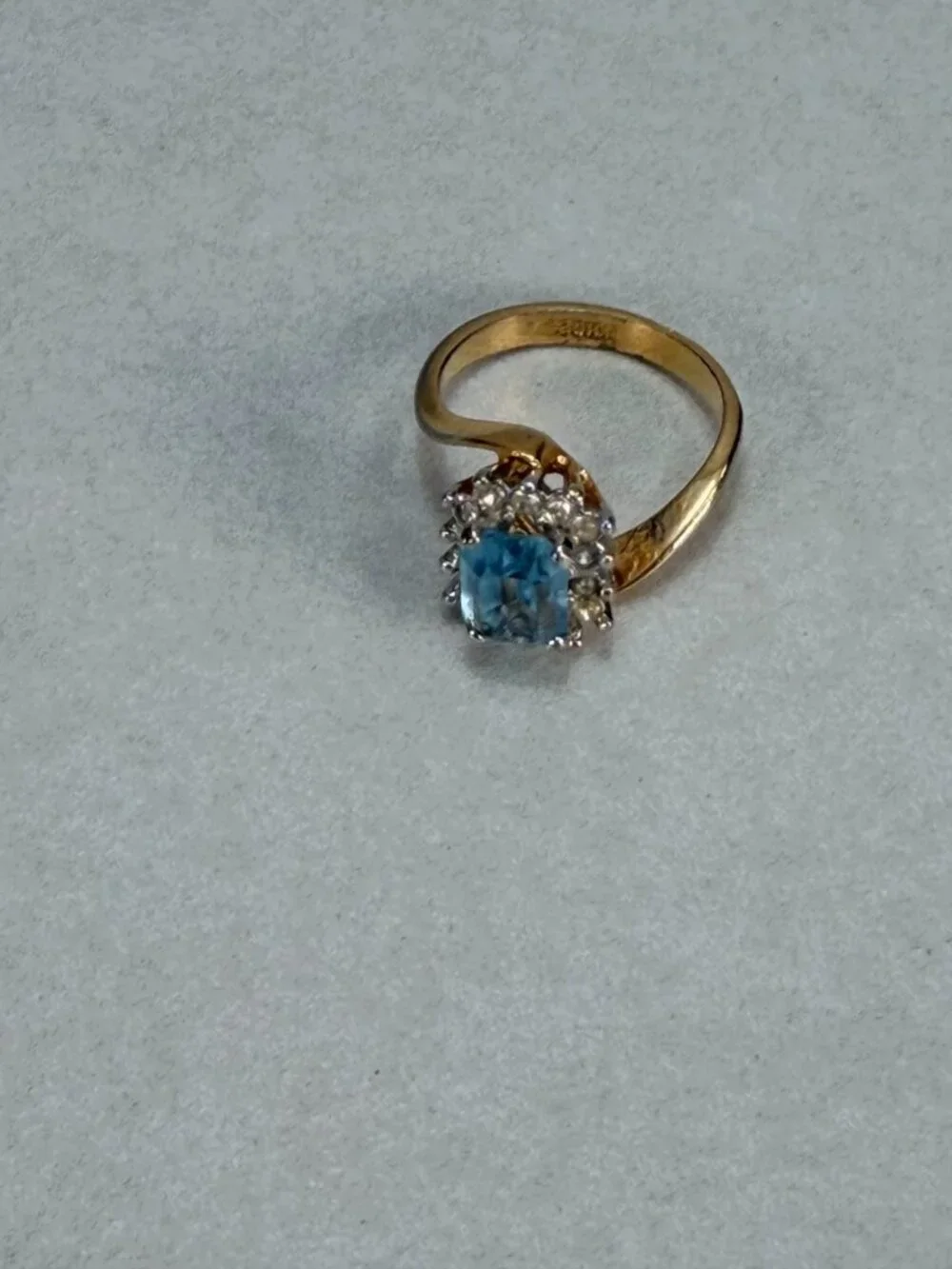 Vintage Stunning Blue Emerald Cut Halo Cocktail Ring Gold Tone Statement